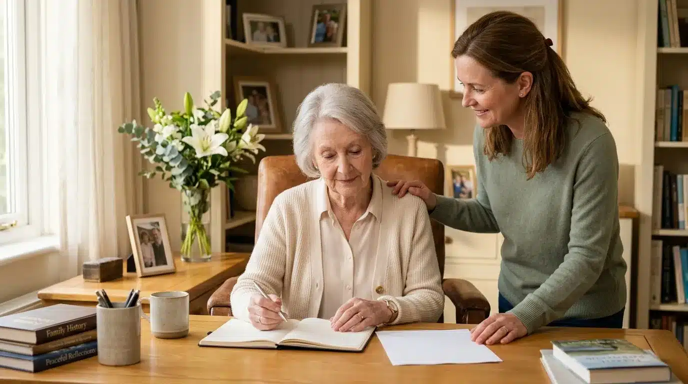 Une grand-mère et sa petite-fille écrivent à une table en bois.