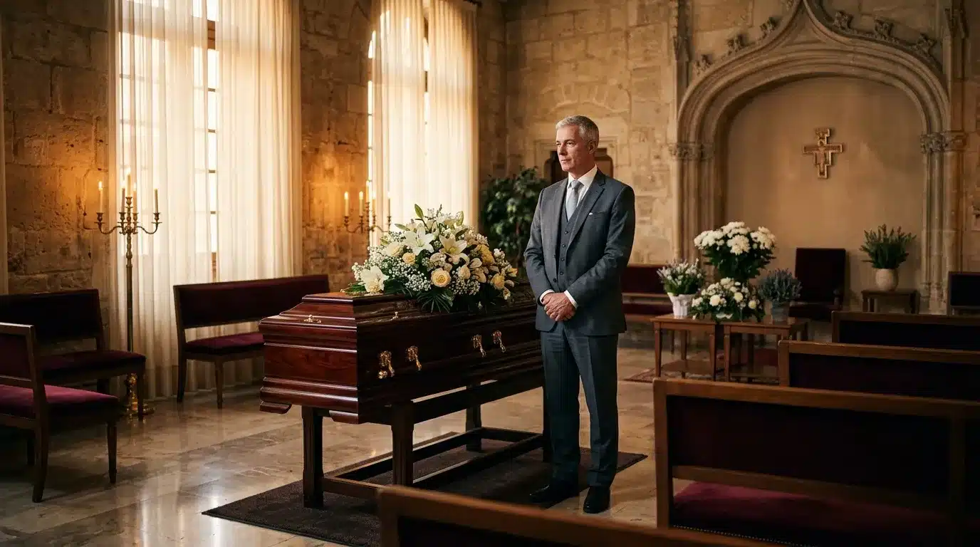 Homme en costume gris debout près d'un cercueil dans une chapelle